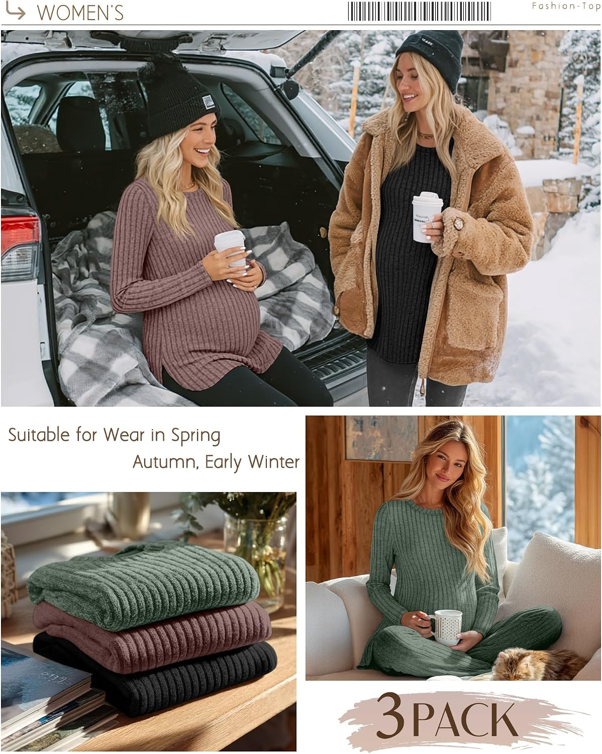 3 Pack Women's Maternity Shirts, Ribbed Long Sleeve Pregnancy Sweaters Curved Hem Split Side Crew Neck Tunic Tops