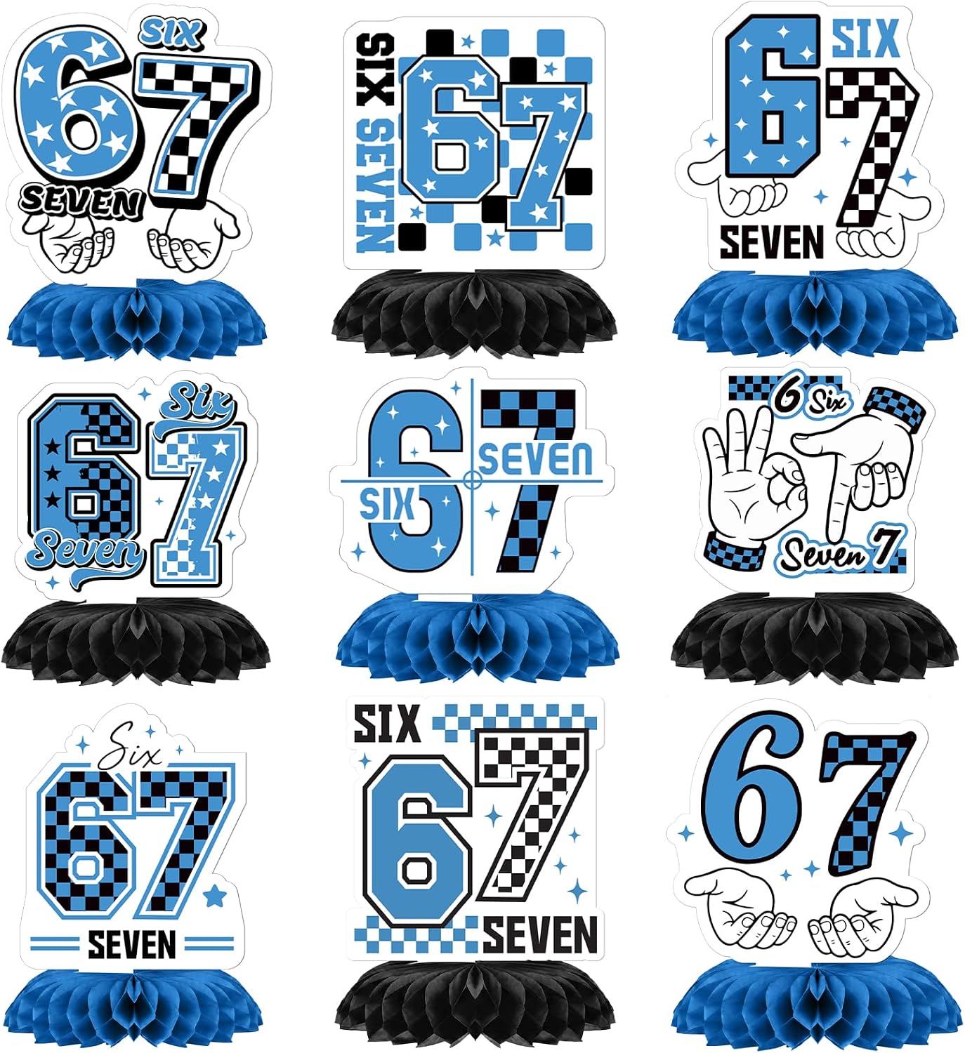 Spiareal 9 Pcs 6 7 Birthday Decorations Blue Checkered Theme Six Seven Honeycomb Centerpieces Funny 67 Meme Party Table Decor for Kids Boys Meme Lovers Birthday Party Supplies
