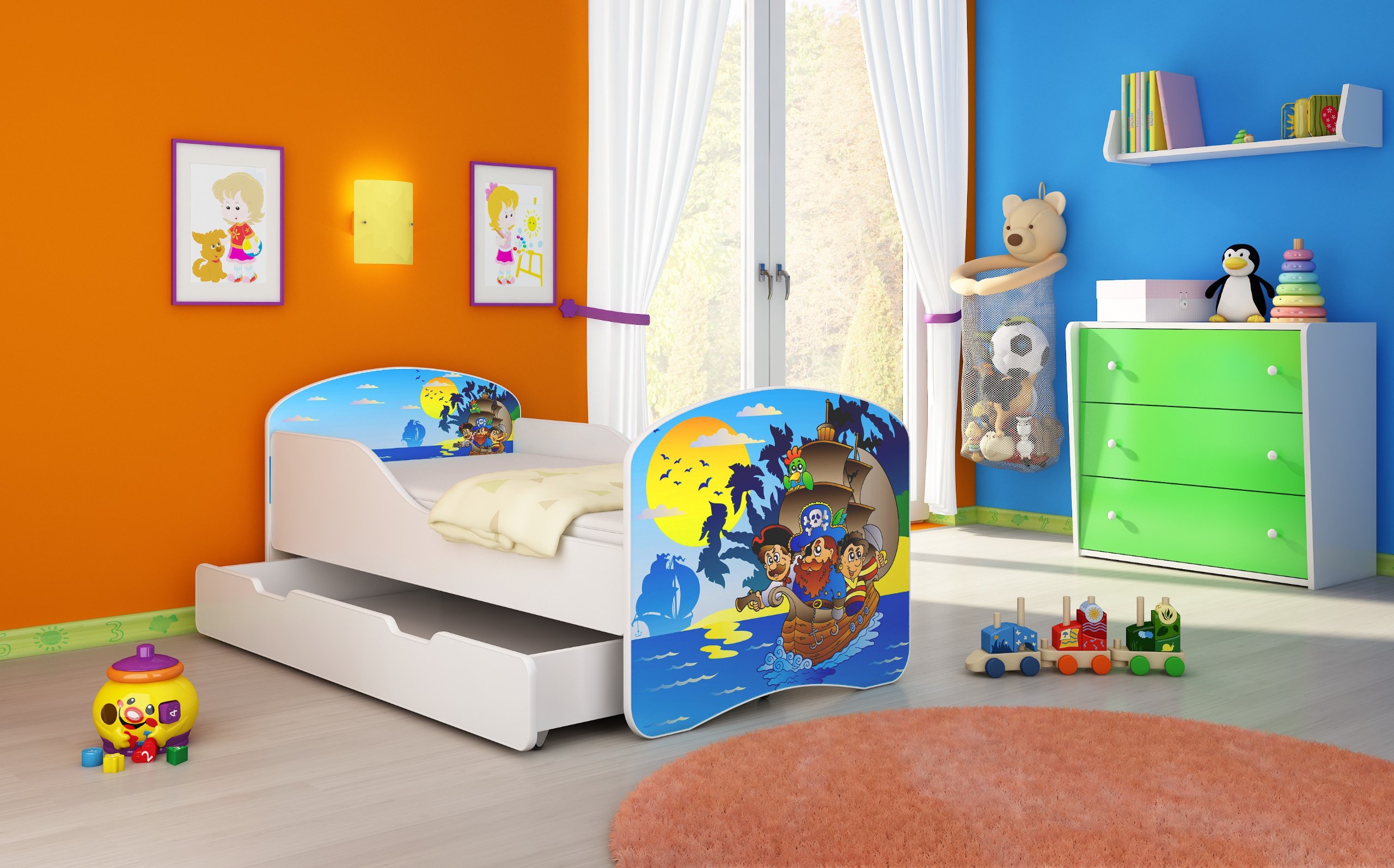 Clamaro "Traumland" motyw łóżko dziecięce 70 x 140 cm wraz z materacem, stelażem i szufladą na pościel na kółkach, listwami ochronnymi i ochroną przed wypadnięciem, motyw: 21 - motyw pirata