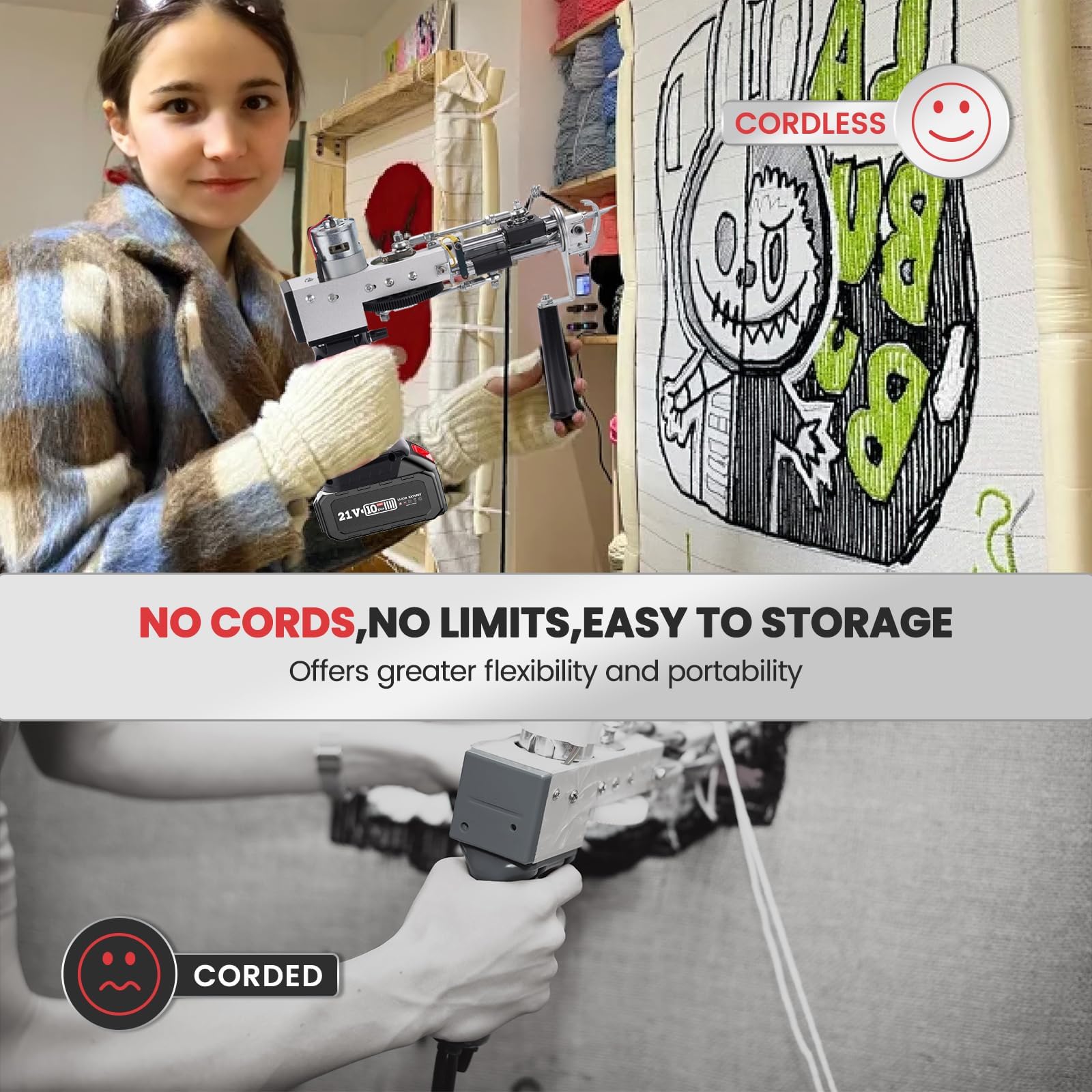 Riiai Pistola sin cable con 2 pilas de 4,0 Ah, CordlessTuftingGun-4.0ah