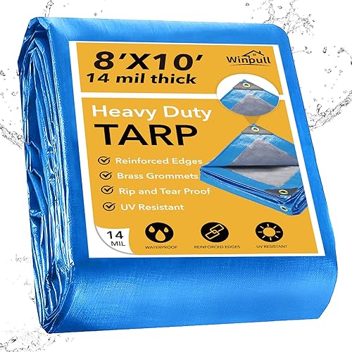 Miniatura 11 de Lona impermeable resistente de 10 x 20 pies, 14 mil, cubierta multiusos grande con ojales de latón y bordes reforzados, lonas de polietileno gruesas