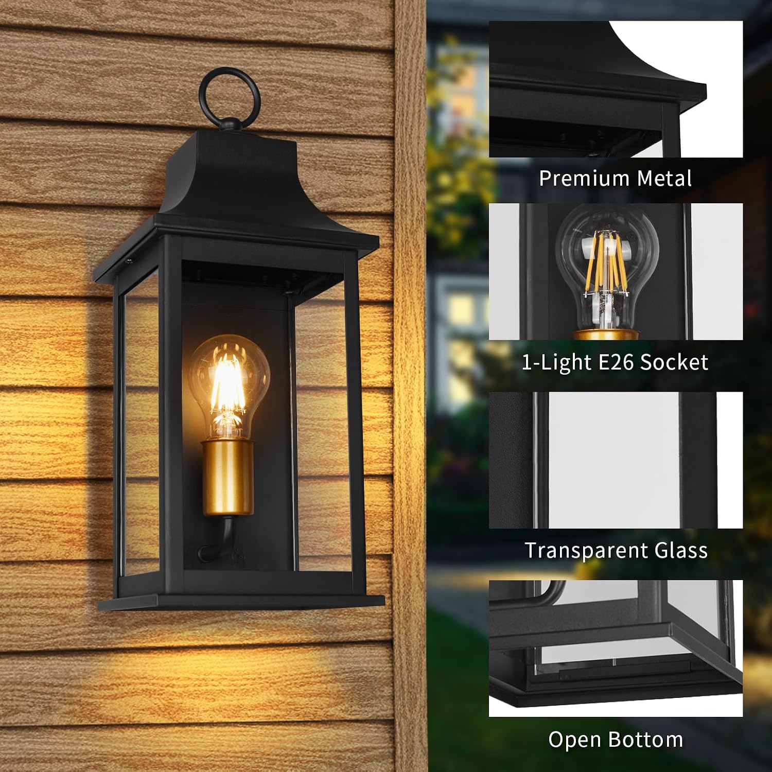 JYZ 16" Outdoor Wall Light Lantern, Anti-Rust Exterior Light Fixture, Waterproof Matte Black Sconce with Clear Glass, Transitional Outside Lighting for Front Porch, Garage, Patio, E26 Base