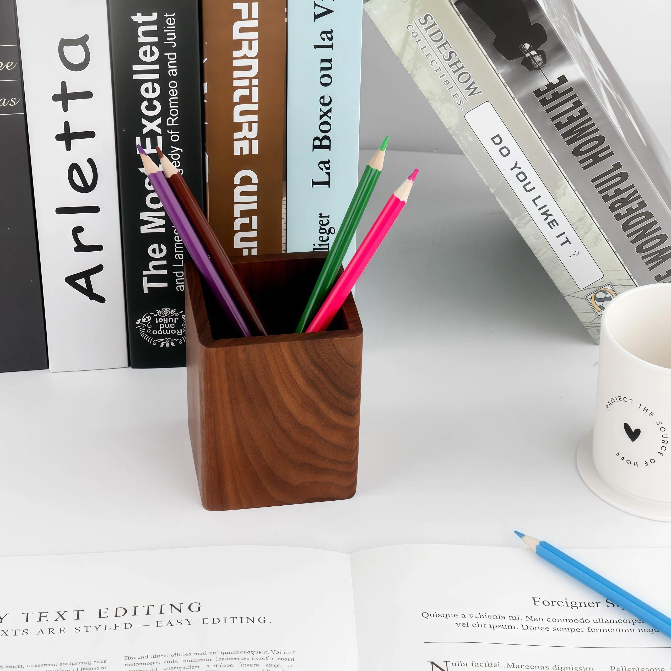 Titular de madera natural de escritorio lápiz organizador escritorio oficina lápices soporte simple (nogal negro)