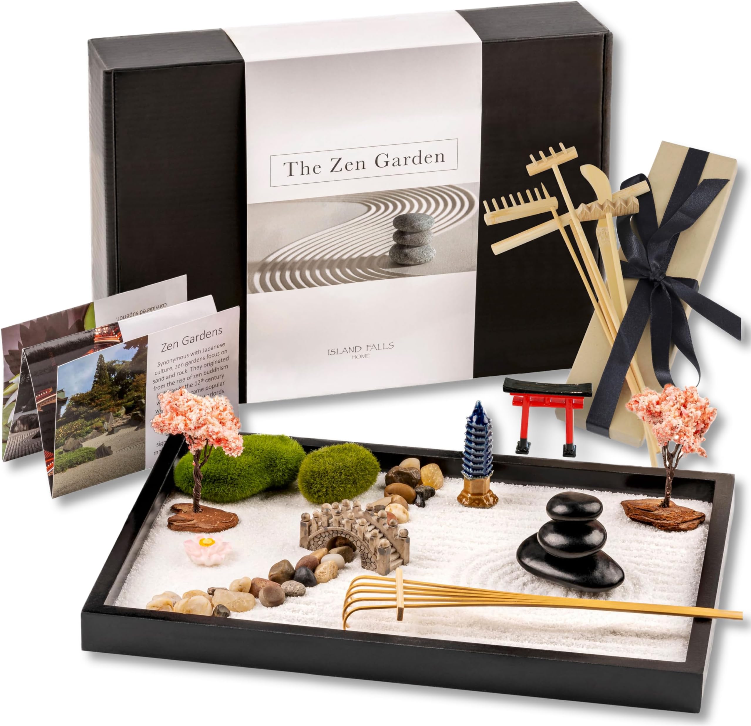 Island Falls Home Zen Garden Kit 11x8 Beautiful Premium Japanese Mini Sand Garden Meditation Gift Set for Home & Office Desk Accessories. Zen Sand, 6 Tools, 15 Features. Mindfulness Gifts Decor Women