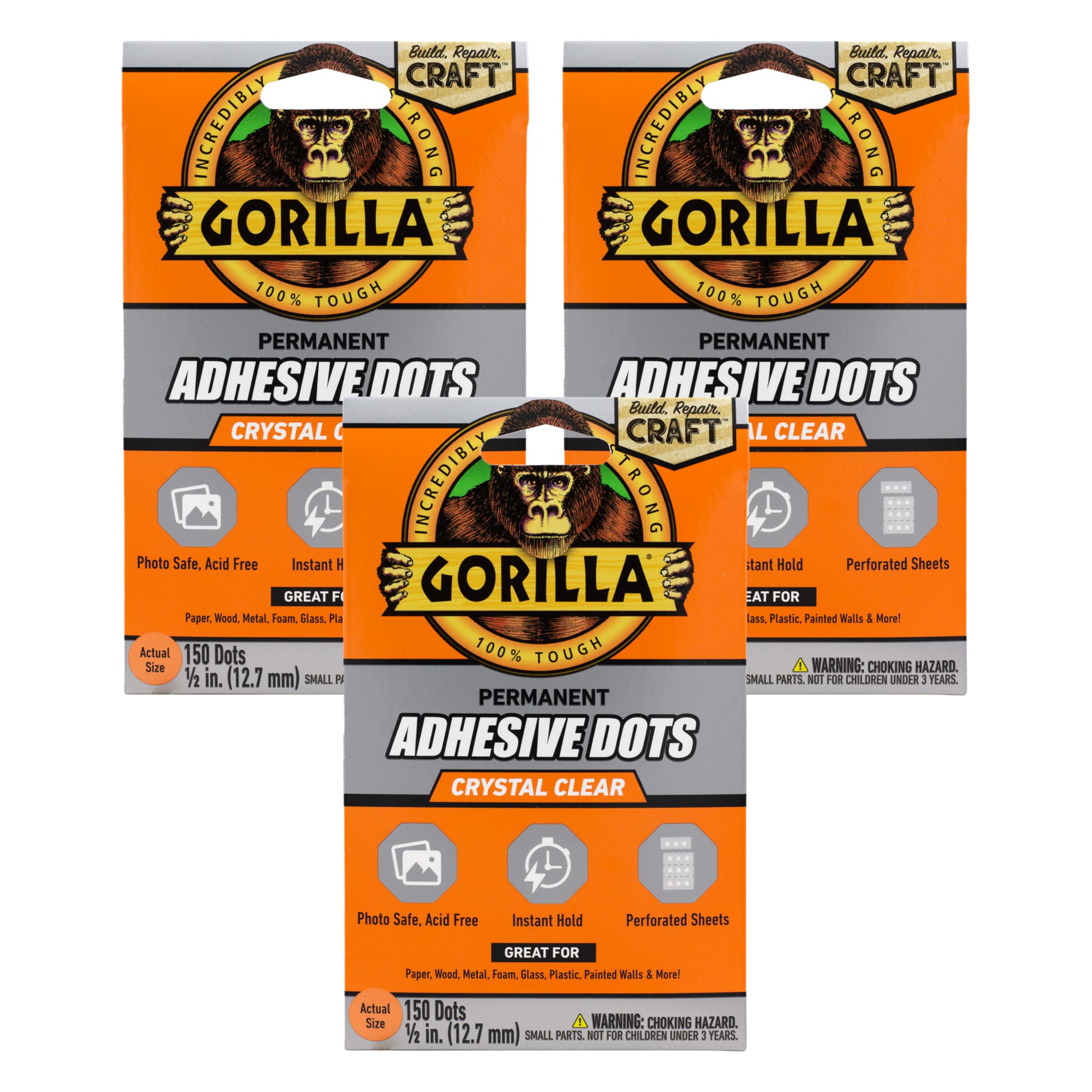 Gorilla Permanent Adhesive Dots, Double-Sided, 150 Pieces, 0.5" Diameter, Clear, (Pack of 3)