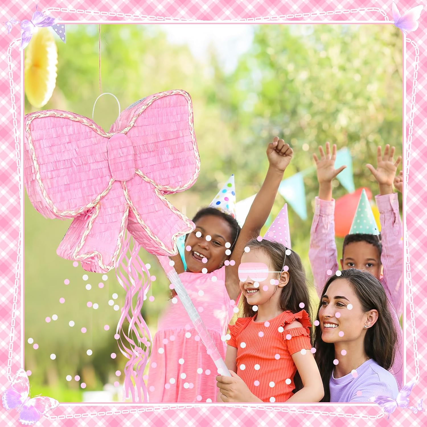 Pink Bow Piñata Bow Party Piñata with Tassel Stick Paper Blindfold Mask Confetti Set for Pink Bows Birthday School Wedding Anniversary Bachelor Party Decoration, 15.8 x 12.6 x 3 Inch