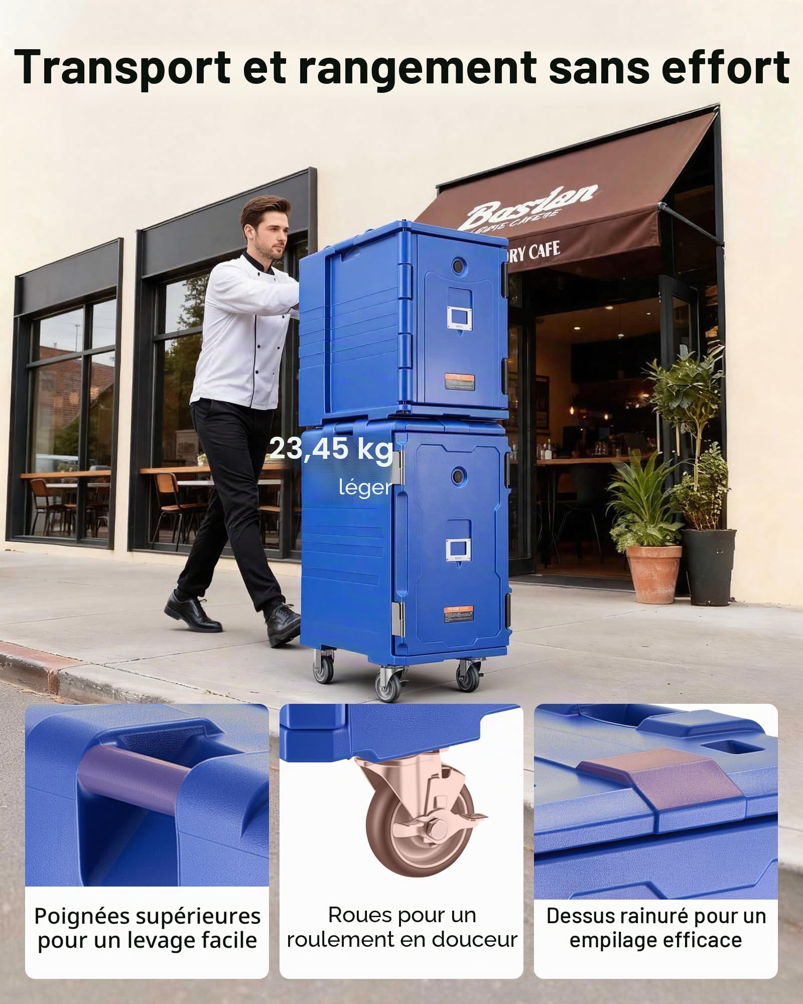 VEVOR Conteneur Isotherme pour Bac Gastronorme 120 L, Boîte de Transport Alimentaire Empilable, Chargement Frontal, Double Boucle, Poignées et Roulettes, Porte-plateaux pour Restauration Cantine, Bleu