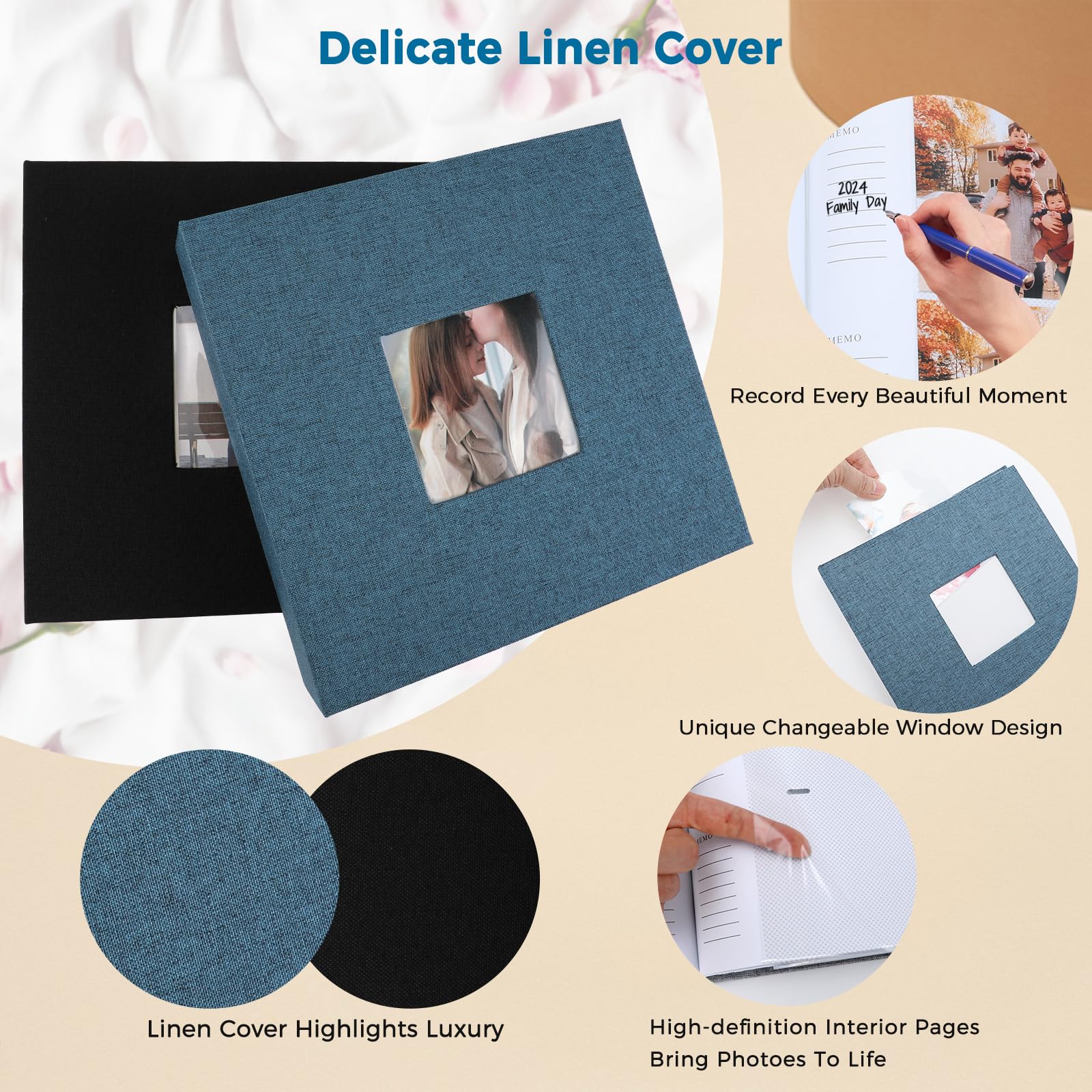 Álbum de fotos para 4 x 6, 3.5 x 5, 3 x 4, con 200 hojas, páginas interiores autoadhesivas, cubierta de lona, para aniversario de boda familiar (negro, azul marino)