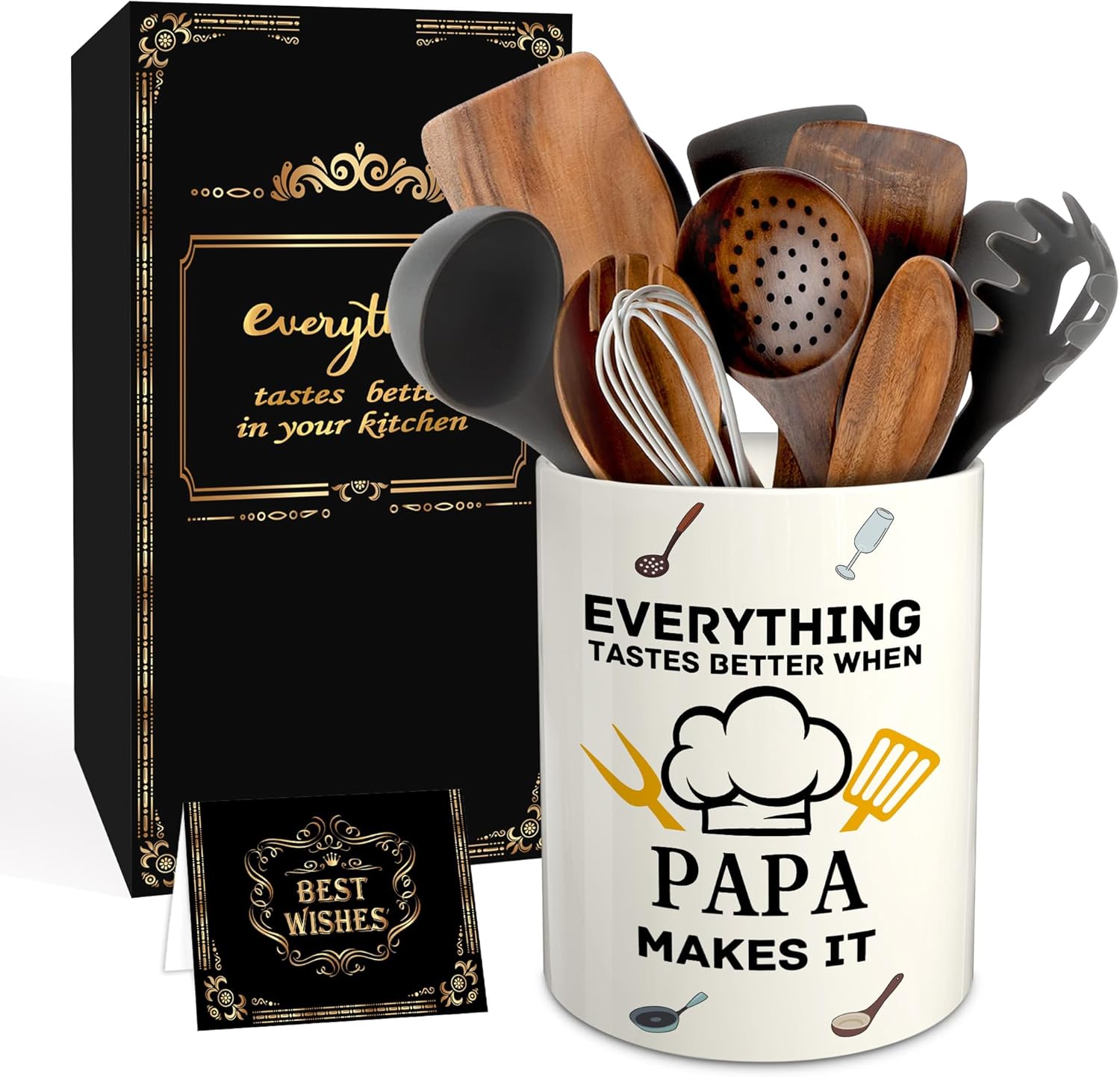 Papa Fathers Day Gift, Papa Gifts from Grandkids, Father's Day Gift for Papa's, Birthday Gifts for Father Dad from Kids, Dad Ceramic Utensil Holder for Kitchen with Non-Slip Mat