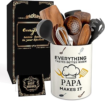 pinata Papa Birthday Gifts for Father Dad from Kids, Dad Ceramic Utensil Holder for Kitchen with Non-Slip Mat