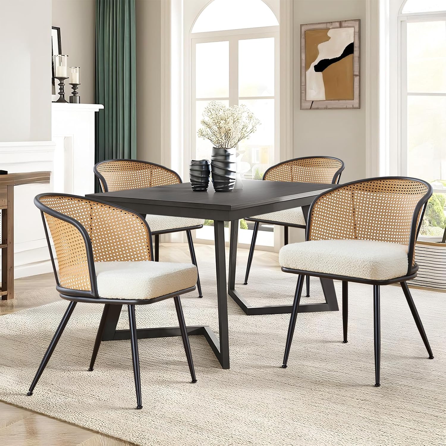 Rattan Dining Chairs Set of 4, Mid Century Modern Dining Chairs with Cane Back and Curved Arm, Boucle Fabric Upholstered Kitchen Chairs, Metal Dining Room Chairs for Living Room, White