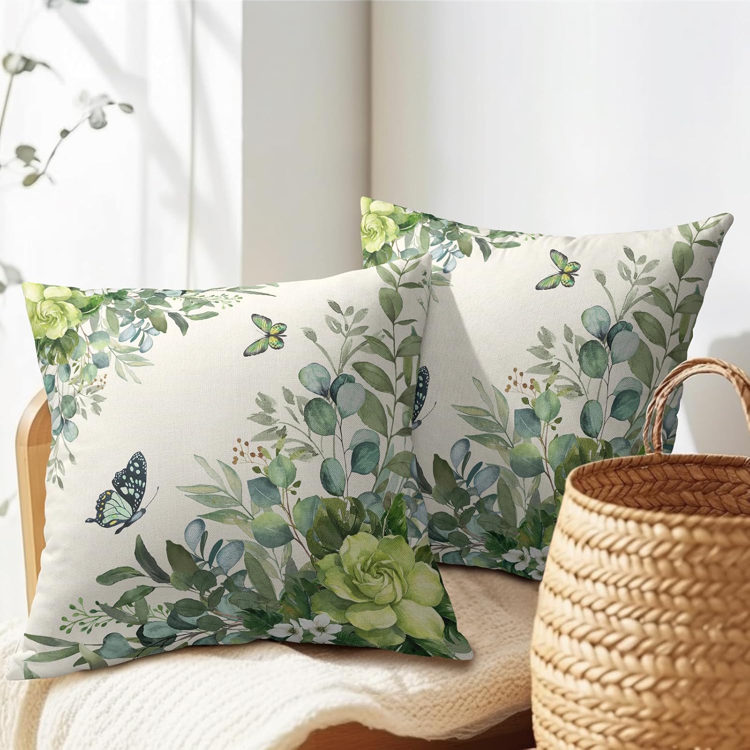 Spring Pillow Covers 24x24 Set of 2 Green Floral Throw Pillow Covers Rustic Pillowcase Linen Decoration Farmhouse Soft Decorative Summer Cushion Case Couch for Indoor Outdoor Home Decor