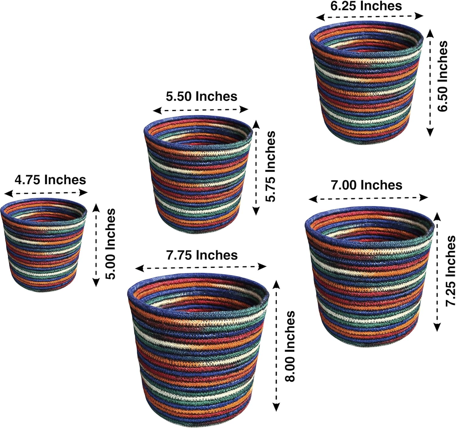Planter Basket Set – 5-Piece Handwoven Jute Planter Basket for Home Decor, Nursery, or Indoor Plants (5'' to 8'' Diameter, 4.75'' to 7.75'' Height) – Fold & Wrinkle Free - Rainbow Stripe