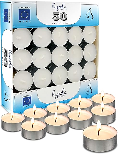 Hyoola Tealight Candles - Tea Light Candles Pack of 50 - European Made Tea Lights Candles - 4 Hour Burn Time