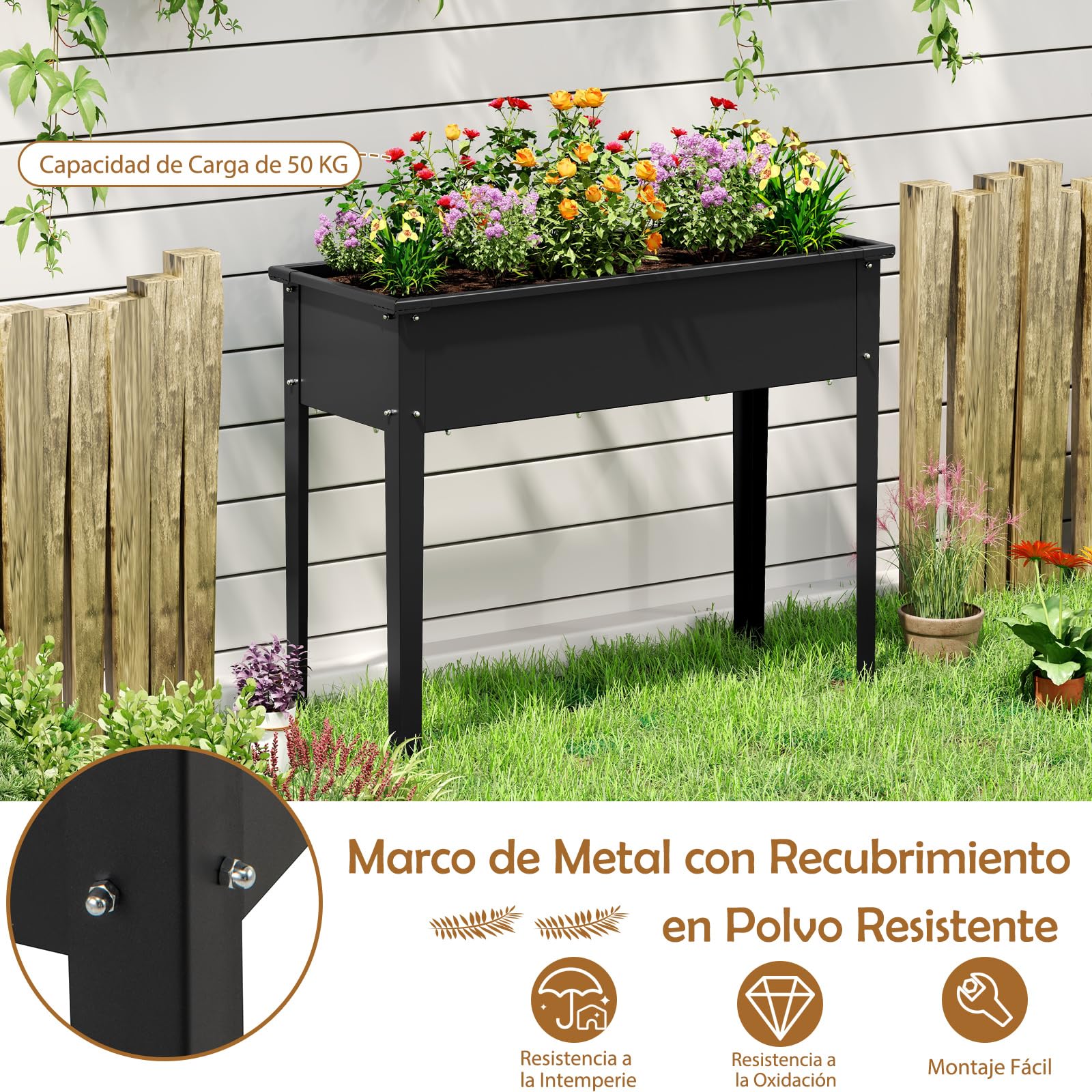 GOPLUS Jardinera Elevada Exterior con Agujero de Drenaje, Estructura Resistente de Metal, Cama de Jardín con Patas Antideslizantes, Huerto Urbano para Plantas Verduras Frutas Flores, 100x40x80cm