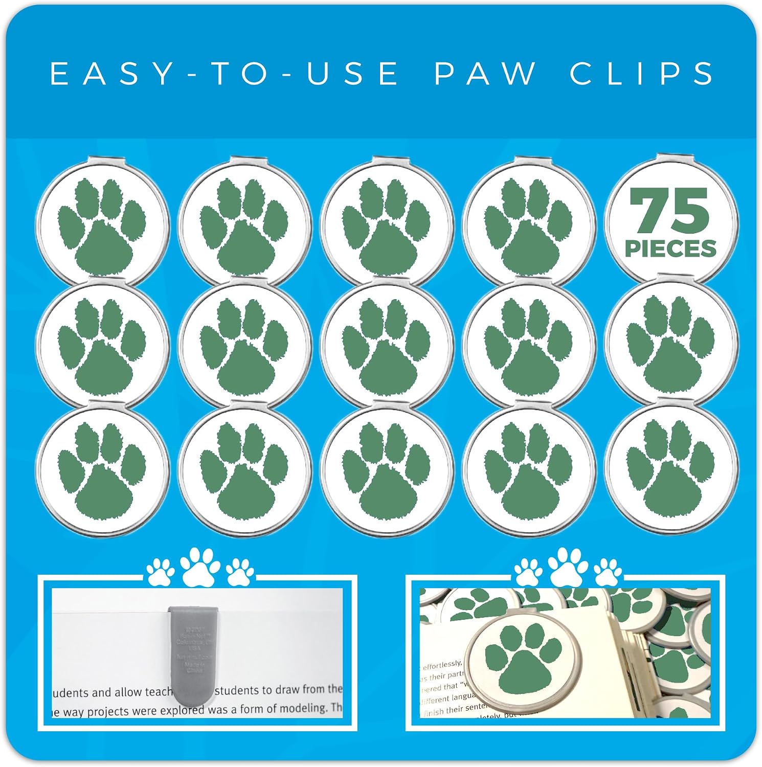(75 Pack) Green Paw Print Bookmarks for Kids – School Spirit Mascot Bookmarks with Animal, Cougar, Cat & Dog Paws – Reading Rewards & Classroom Incentives for Students, Teachers & Libraries