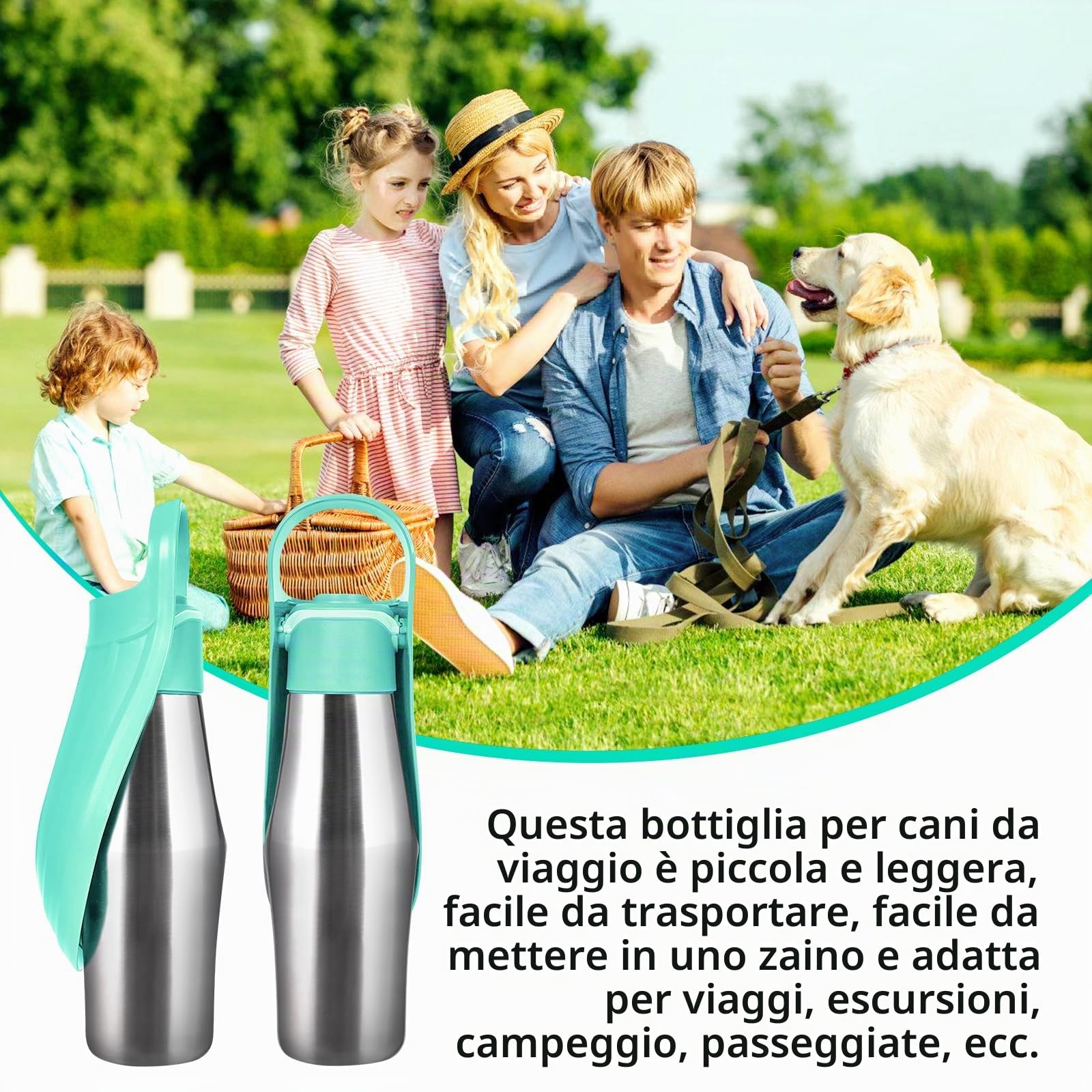 Borraccia per cani, 750 ml, pieghevole, 180°, portatile, per animali domestici, in acciaio inox, per cani (verde, 1)