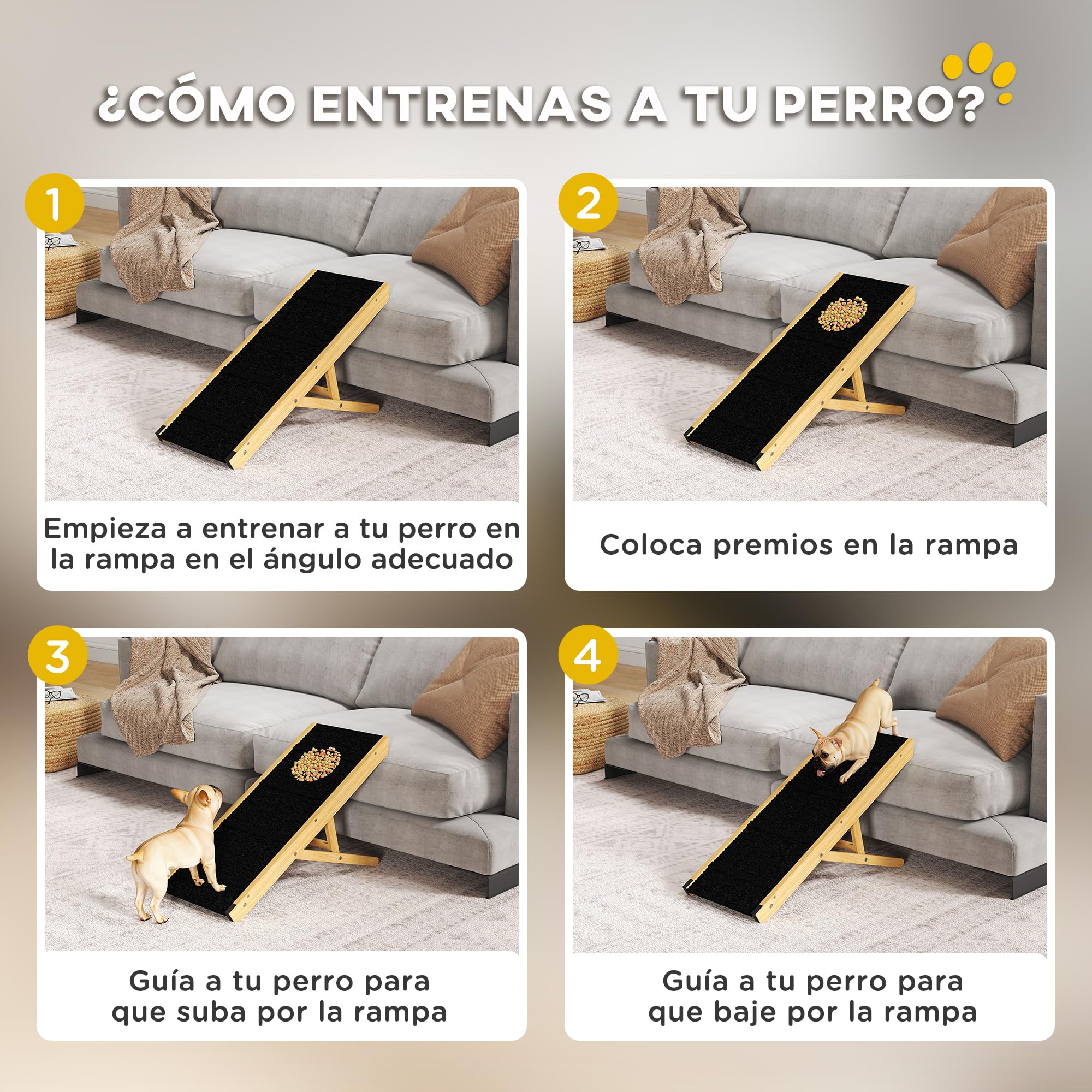 PawHut Rampa para Perros Plegable Rampa para Mascotas de Madera con Altura Ajustable en 4 Niveles para Perros Pequeños y Medianos 83,5x35x47,5 cm Natural