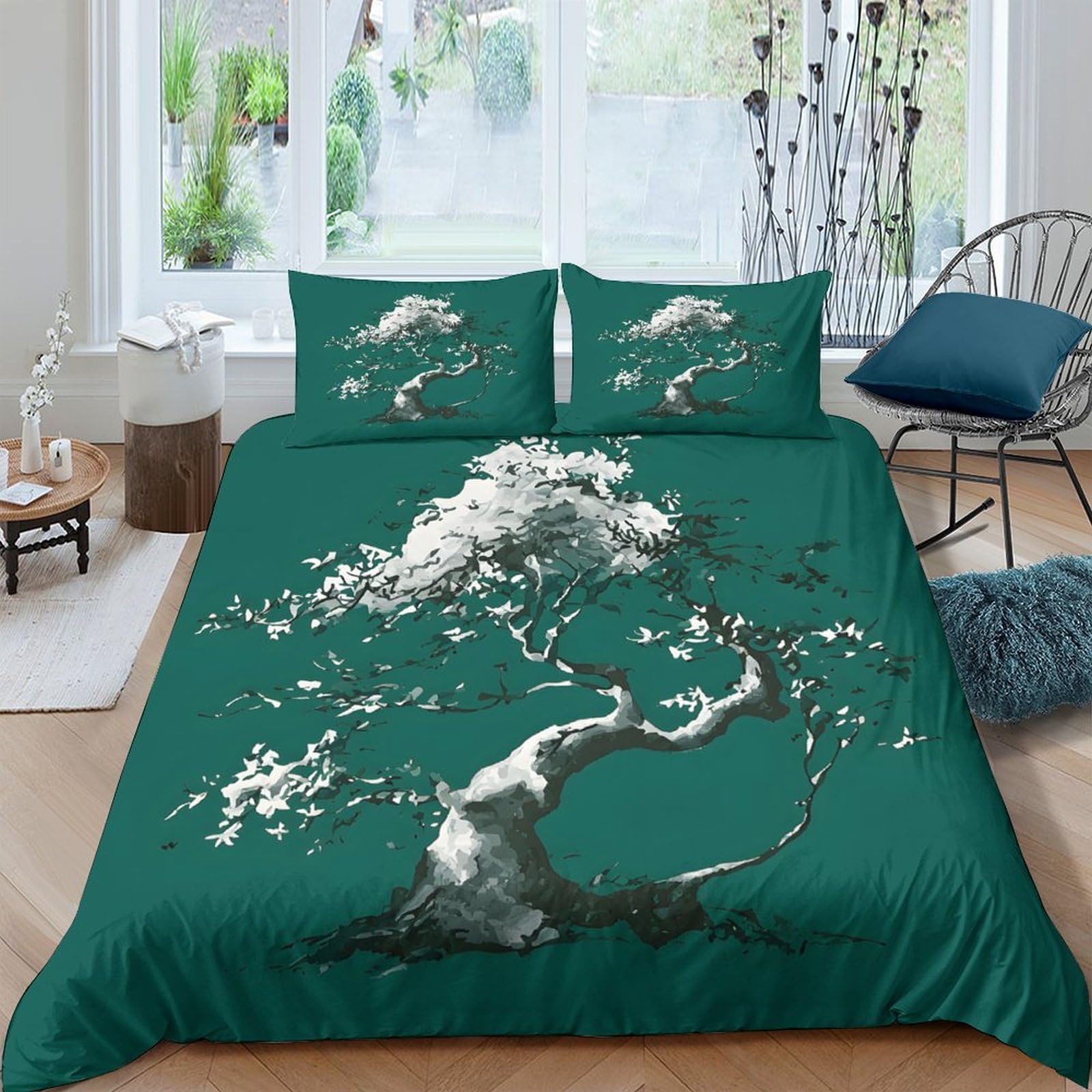 Ctjqhvkz Style-10 3D Printed Bonsai Art Fitted Sheet Microfiber Green Bedroom Decor Cherry Blossom Mattress Cover Adult Teen Single（135X200cm）