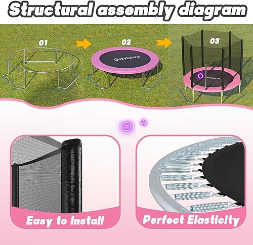 Miniatura 7 de Trampolín para exteriores de 8 pies con recinto de red, trampolines recreativos de 8 pies para niños y adultos, patas en forma de L aprobadas por