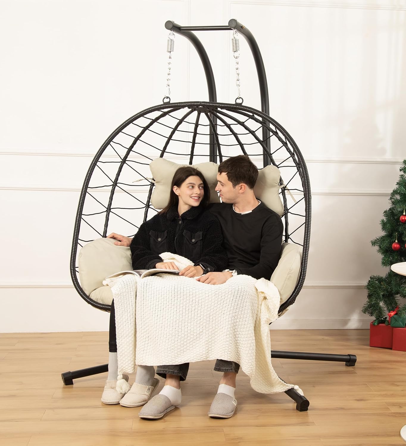 Double Egg Chair with Stand Hammock Swing Chair Foldable Hanging Loveseat, UV Resistant Removable Cushions, 700LBS Capacity for Bedroom, Balcony, Garden(BK-GR)