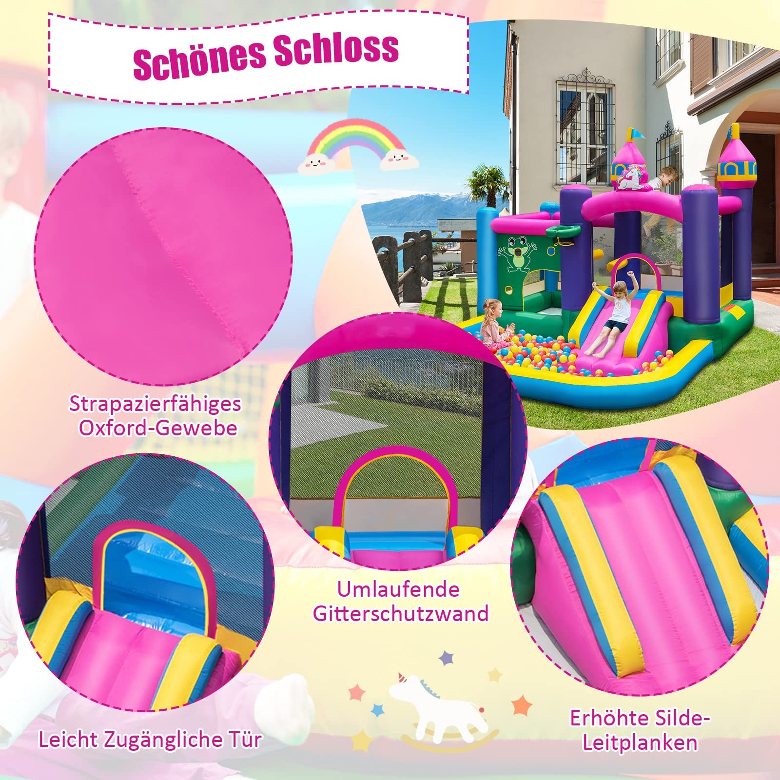 DREAMADE Einhorn Aufblasbare Hüpfburg mit 680 W Gebläse, Wasserpark mit Planschbecken & Rutsche & Springbereich, Spielburg mit Reparaturset & Tragetasche, Hüpfschloss 390 X 330 X 270 cm (mit Gebläse)