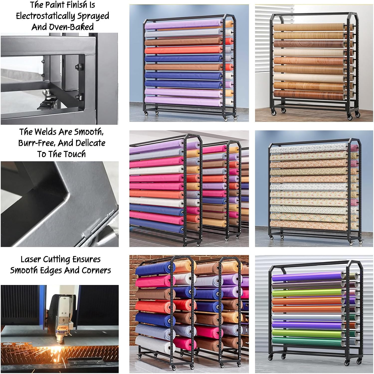 Adjustable Heavy Duty Fabric Roll Storage Rack with Brakeable Wheels - Movable Display for Wallpaper & Craft Supplies, Holds 8-18 Rolls, Ideal for Commercial Use