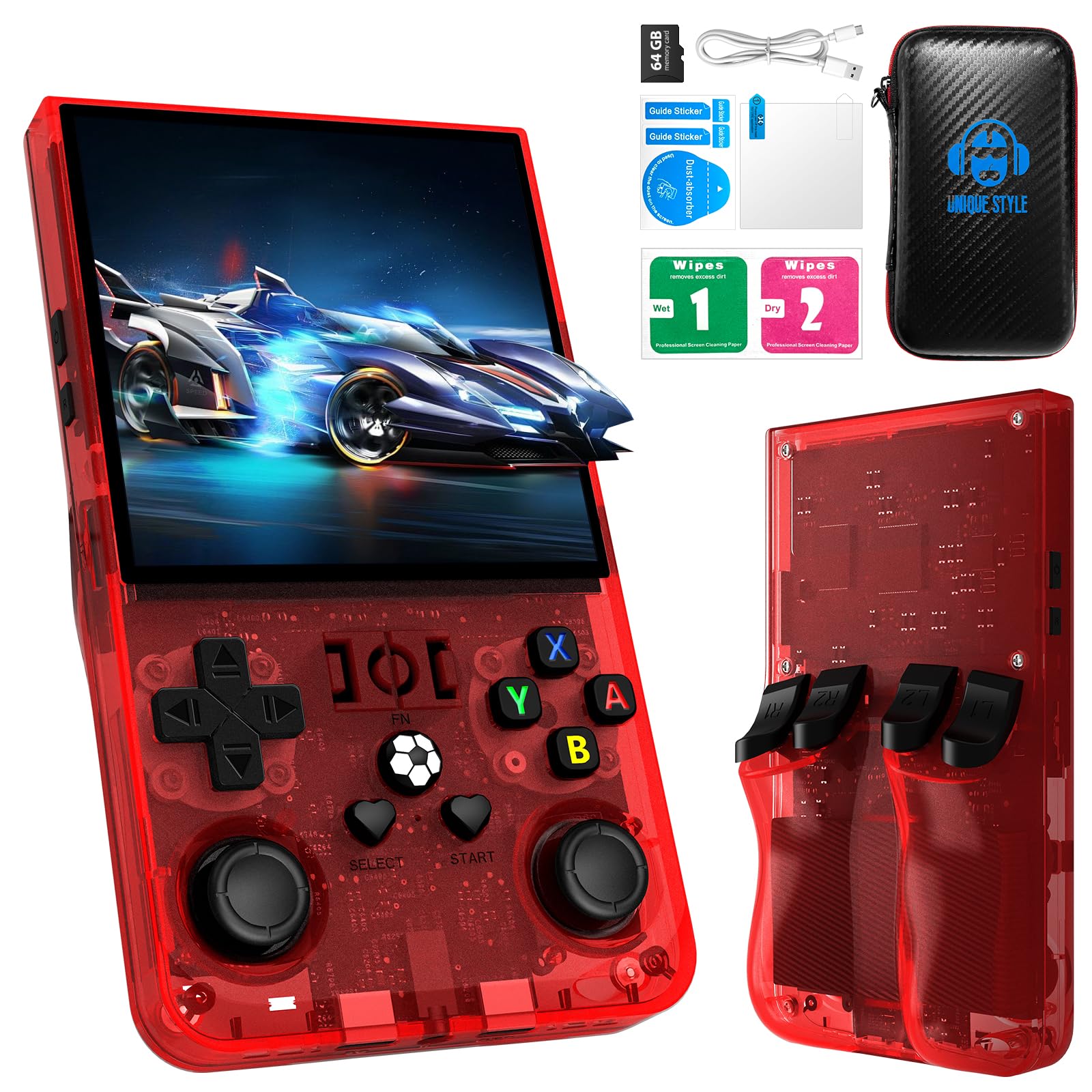R36MAX Retro-Handheld-Spielkonsole, Retro-Spielkonsole mit 4,0-Zoll-IPS-HD-Bildschirm, Open-Source-Linux-System und 4000-mAh-Akku (Rot 64GB)