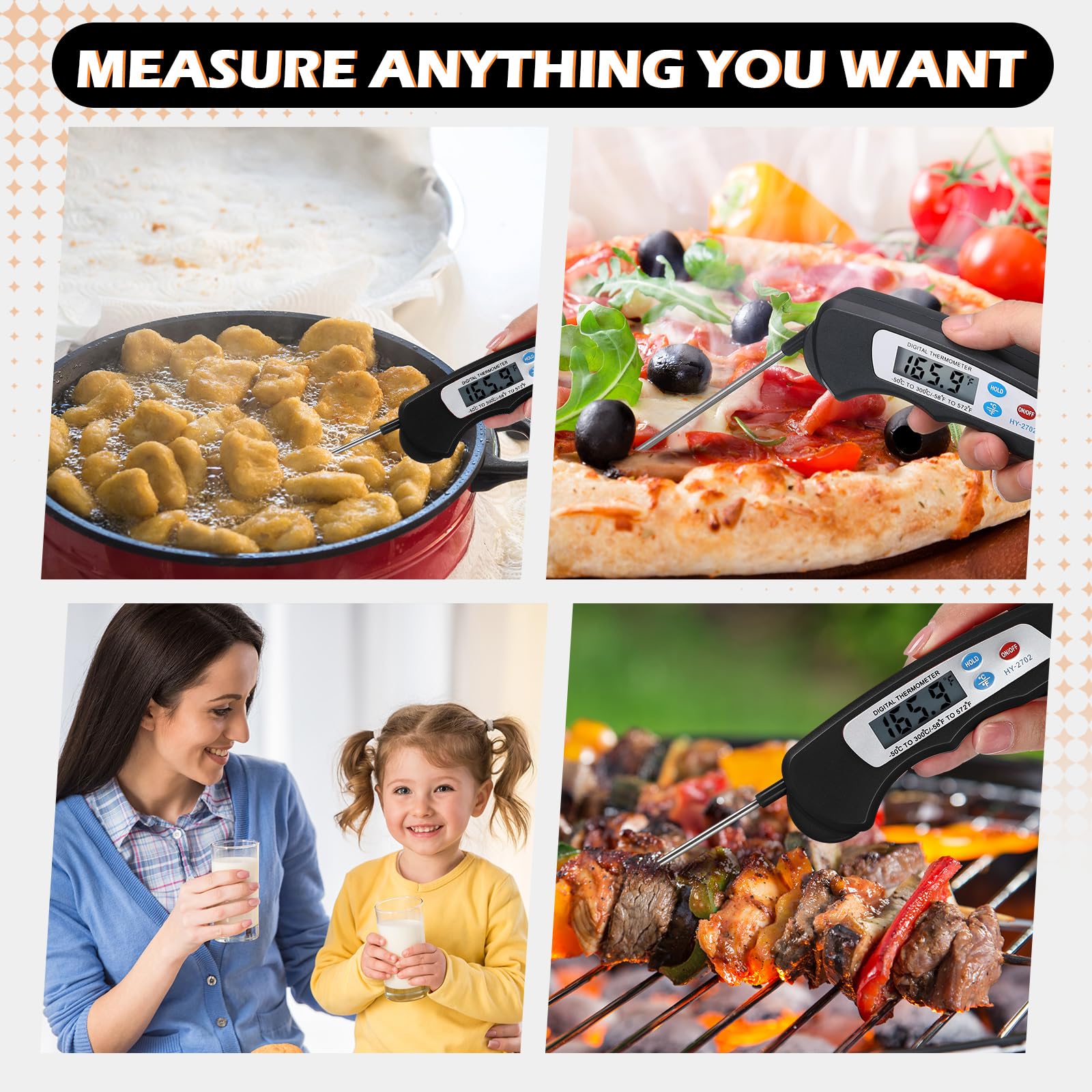 Xuhal Lot de 12 thermomètres à viande numériques avec sonde étanche à lecture instantanée - Thermomètre alimentaire pliable avec aimant pour cuisine, grillades, dinde et barbecue (noir)