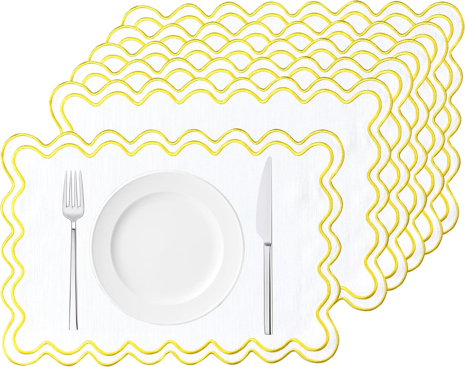 Set of 6 Rustic Embroidery Scalloped Placemats 13 x 19 Inch Cotton Linen Placemat Washable Double Layer Place Mats Tbale Decor for Kitchen Shower Banquet Party Holiday Table Decor (Yellow)