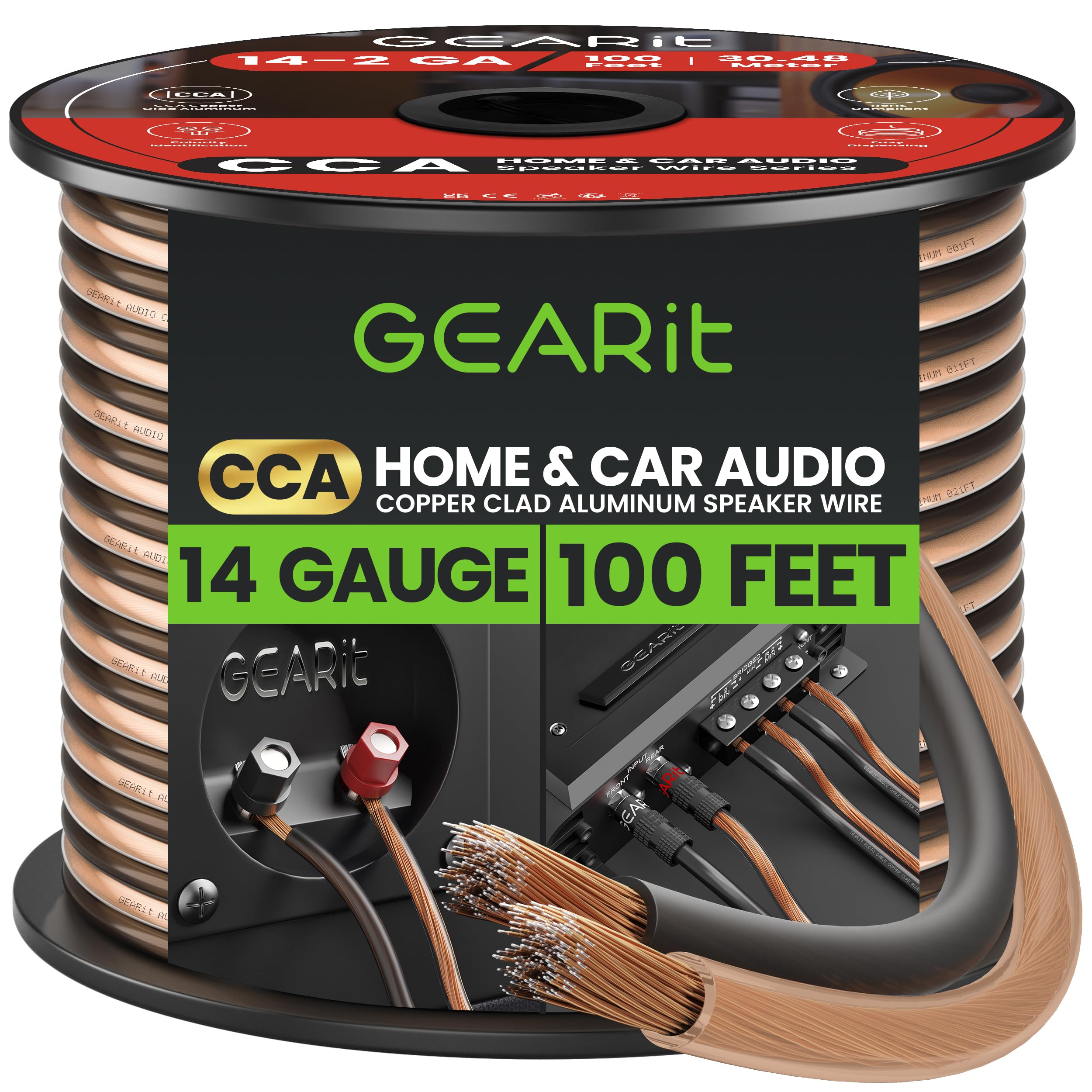 GearIT Pro Series 14AWG Speaker Wire, 100 Feet / 30 Meters, Clear with Black Insulation, Compatible with Speaker and Amplifier, Copper Clad Aluminum, Multiple Strands