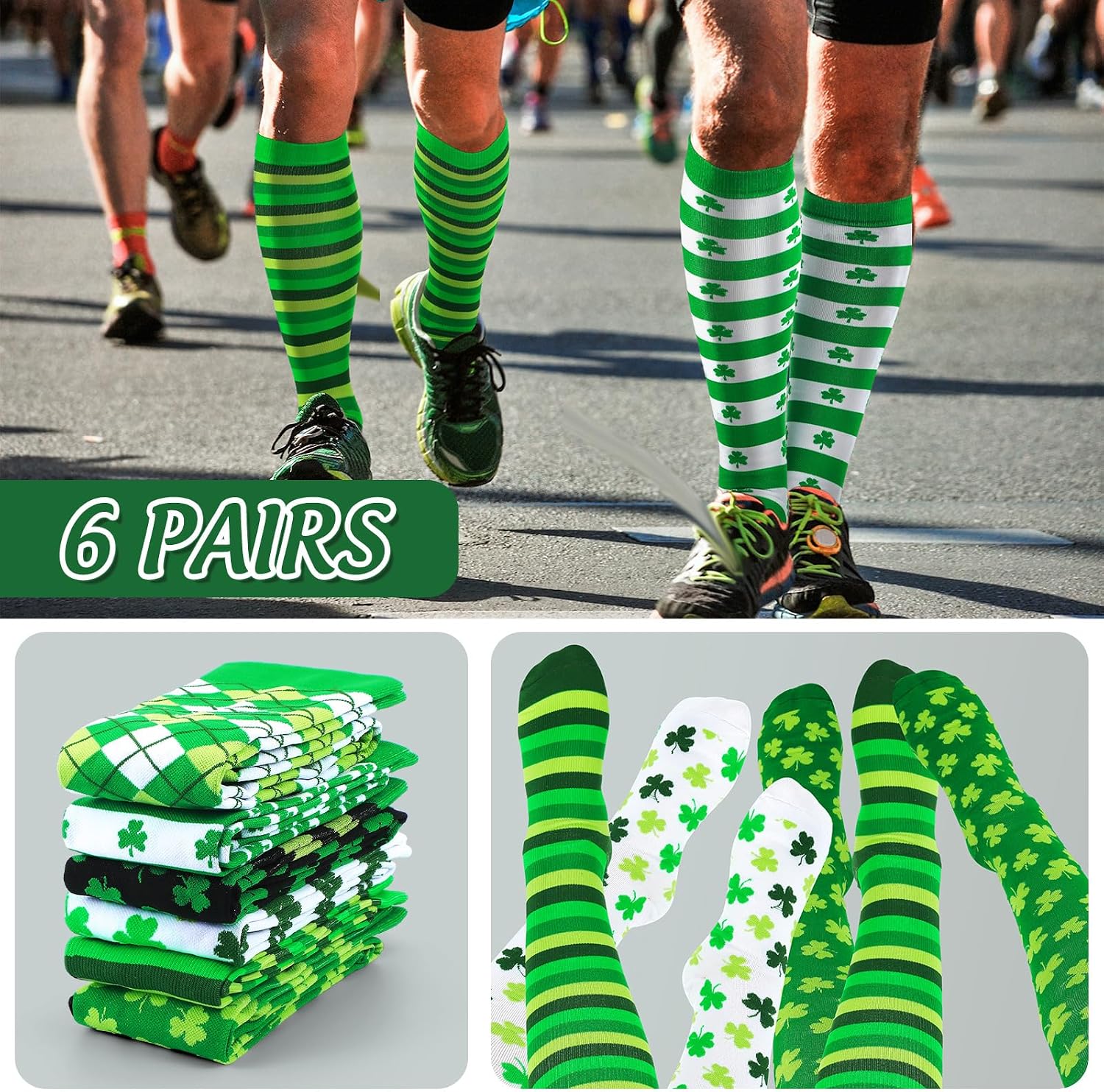 Ramede 6 Pairs St. Patrick's Day Compression Socks 20-30mmhg Green Shamrock Irish Knee High Socks for Women Men Work Support Travel Gifts
