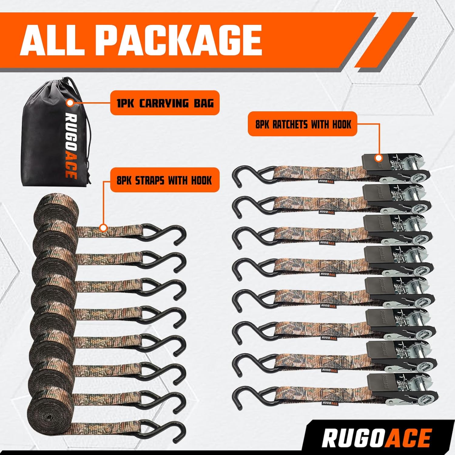 8PK Ratchet Tie Down Straps 1" x 10ft, 300lbs Load Capacity, 900lbs Break Strength, Durable for Moving Appliances, Lawn Equipment, Motorcycles, Cargo Trucks, Trailers & More (Camouflage)