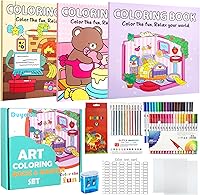 Duyabe Cute Adult Coloring Book Set for Stress Relief: 3 Books with 120 Easy Designs, 36 Dual-Tip Markers, Glitter Pens & Pencils for Teens Girls Women