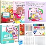 Cute Coloring Book Set for Teens Adults Relaxation, Easy and Simple Designs Coloring Book for Teens Girls, Stress Relief Gifts for Women with 36 Colors Markers & 12 Glitter Pens & 12 Colored Pencils