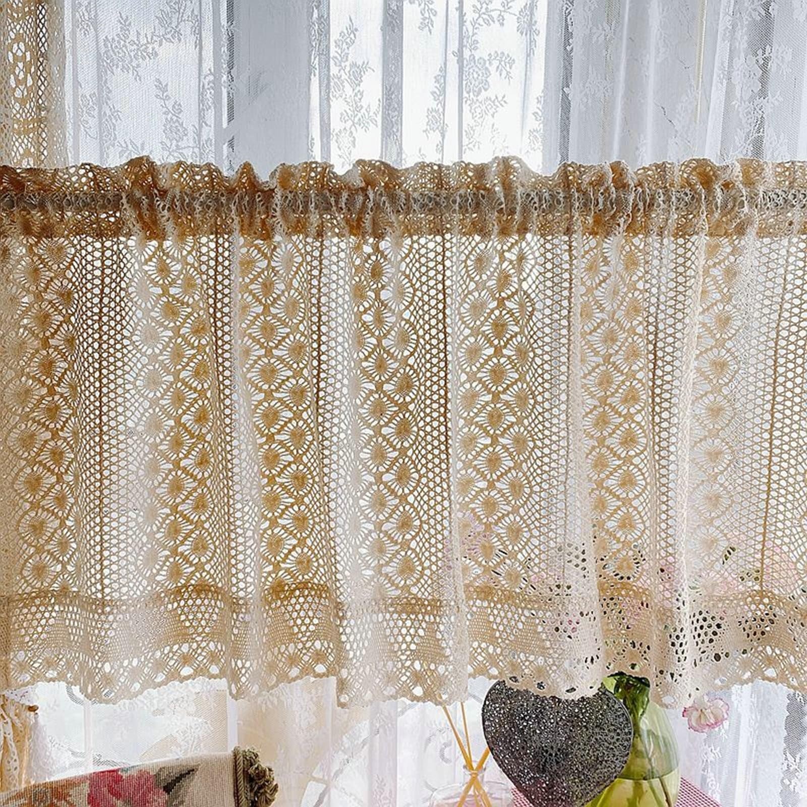 1Pcs Scheibengardinen Beige, Hohl Spitze Häkeln Voile Vorhang, HxB 130x90cm