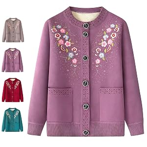 Embroidered Lapel Sweater Older People Fleece-Lined Button Front Knit Coat with Pockets for Middle-Aged Mothers