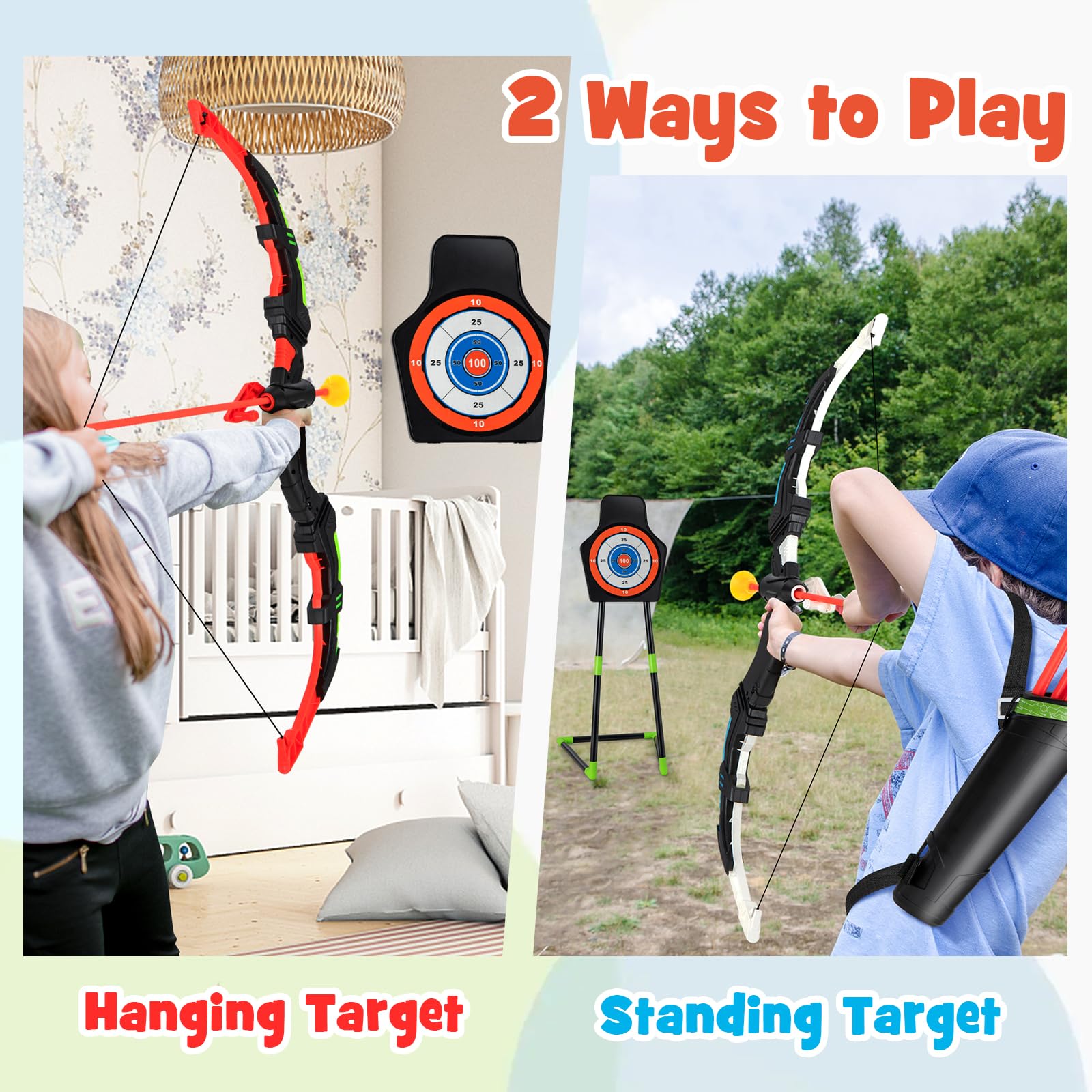 FANTASK 2er Bogen und Pfeil Kinder, LED-Bogenschießset mit Lichtbögen, 20 Pfeilen, 2 Köchern & Zielscheibe, Indoor/Outdoor, 2 in 1 Kinderbogen stehend/hängend für Kinder ab 3 Jahren