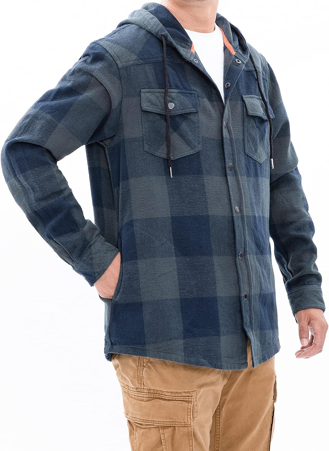 ZENTHACE Men's Hooded Plaid Flannel Shirt Jacket Snap Button Flannel Hoodie with Hand Pockets (Heavyweight 10.6 Oz Fabric)