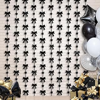 Bow Party Decorations, 2 Pack Black Birthday Party Supplies, 3.3 X 6.6 ft Foil Fringe Curtains, Black Bow Photo Booth Props Photo Backdrop for Bachelorette, Baby Shower, Girls Party Decor