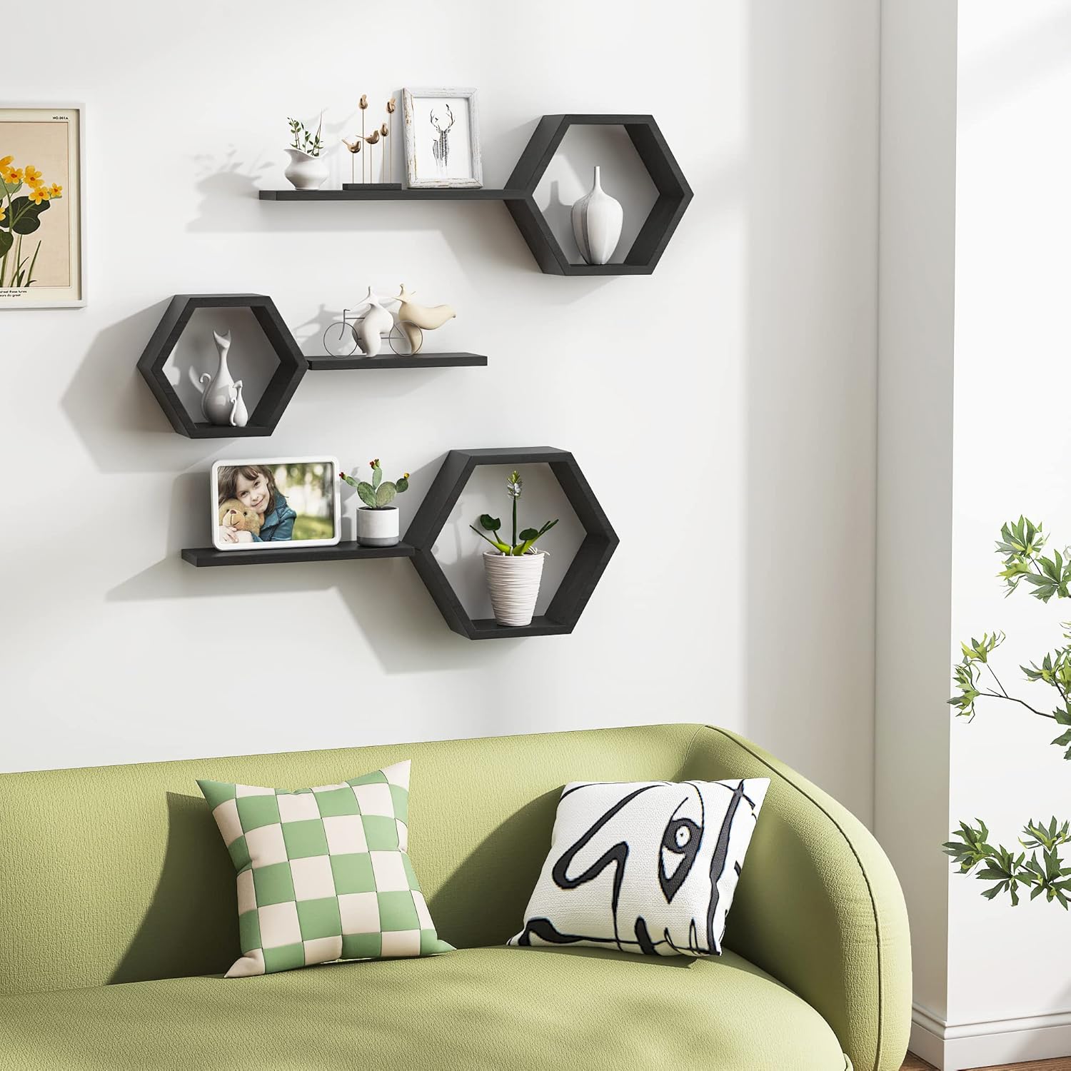 Wooden Hexagon Floating Shelves Wall Mounted - Set of 6 Pine Wood Hexagon Shelves Display for Photos,Plants,Rustic Honeycomb Shelves for Living Room, Bedroom,Bathroom, Kitchen, Office Decor, Black.