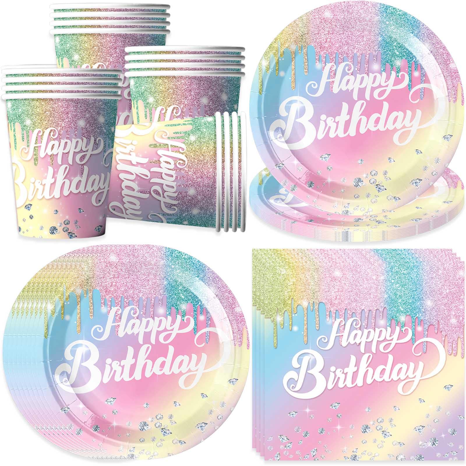 Set Stoviglie Festa Compleanno Con Brillantini Per 16 Ospiti: 16 Piatti 7'', 20 Tovaglioli 6,5'', 16 Bicchieri Di Carta, Rosa/Blu/Giallo Con Diamanti E Scritta Happy Birthday