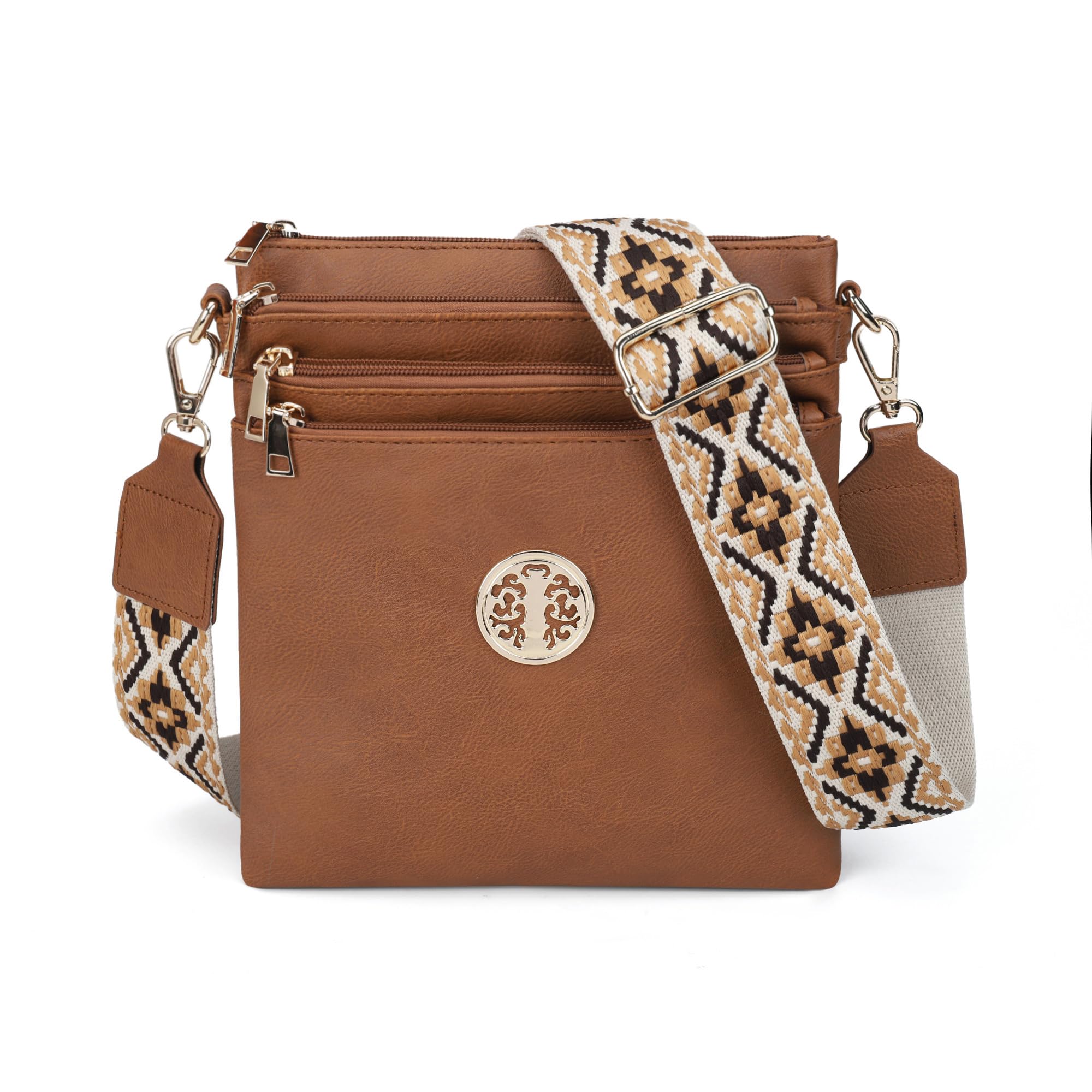 Gladdon Damen Umhängetasche mittelgroß aus umweltfreundlichem Kunstleder 5 Reißverschluss-Taschen, breiter Webstoffgurt Handtasche
