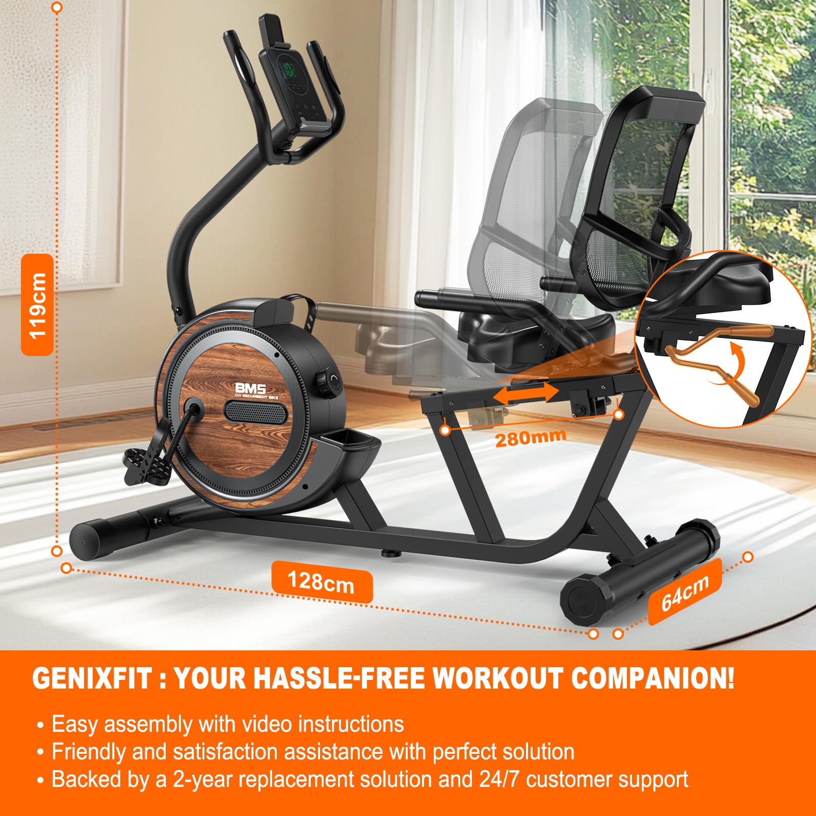 BM5 Liegeergometer - 150kg belastbar, für Zuhause, Fitness & Rehabilitation - 16 magnetische Widerstandsstufen, selbstleuchtendes Display, Bluetooth - Liegefahrrad Heimtrainer
