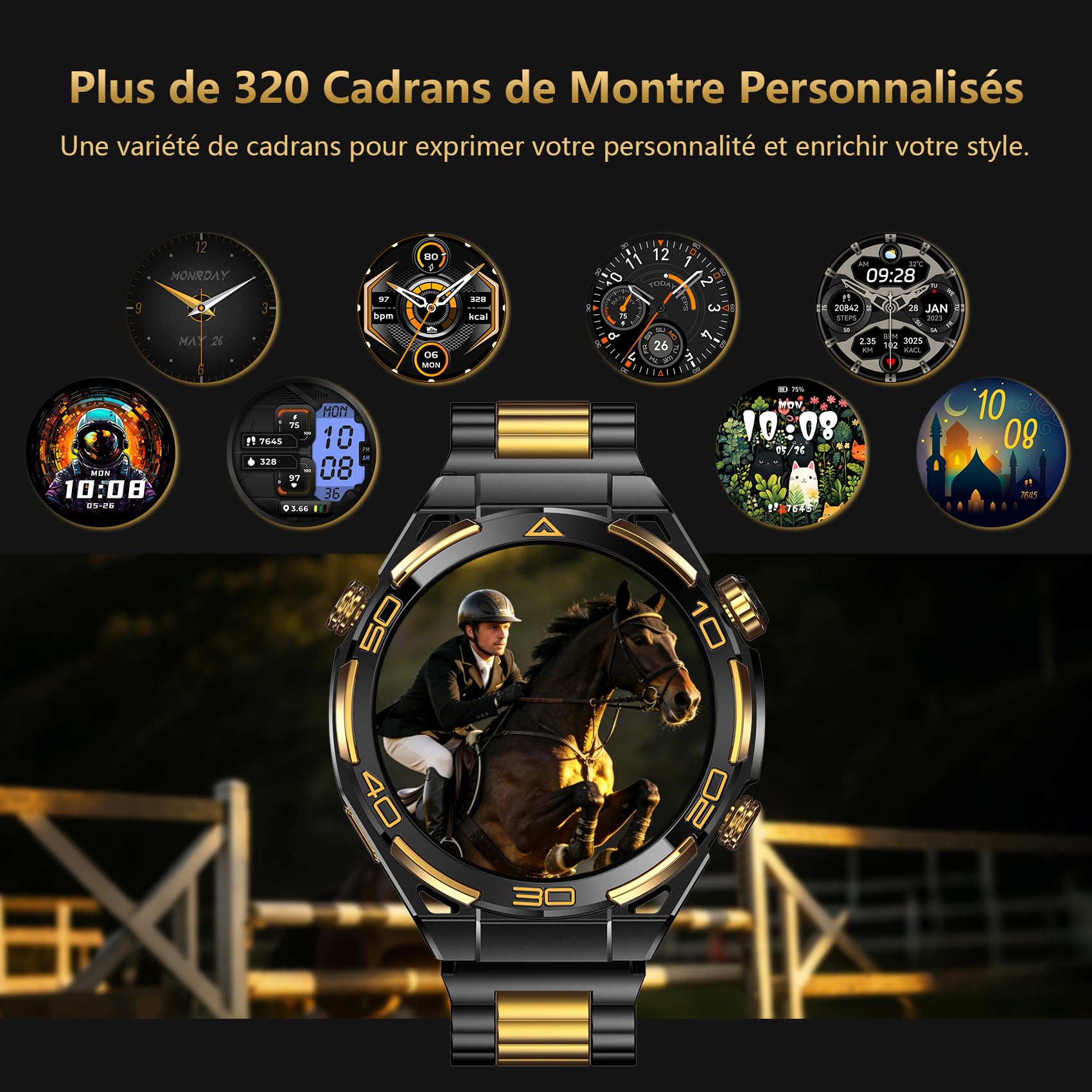 IOWODO Montre Connectée Homme, Style Business Luxueux avec Incrustation en Or 14K, ChatGPT AI, GPS et Boussole, écran AMOLED 1,43", Appels Bluetooth, Autonomie de 20 Jours, Cadrans IA, Suivi de Santé