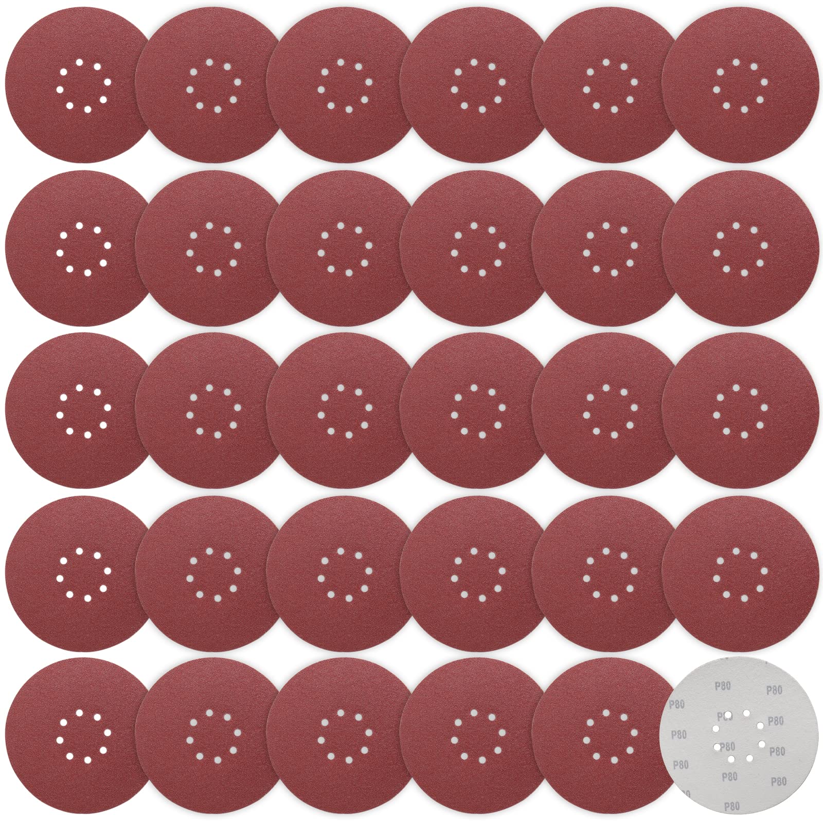 STEBRUAM Papier ścierny, rzep 225 mm, krążki szlifierskie, 30 sztuk, ziarnistość P80, 225 mm, 8 otworów, duży talerz szlifierski do szlifierek do suchej zabudowy, żyrafa, szlifierki z długimi szyjami