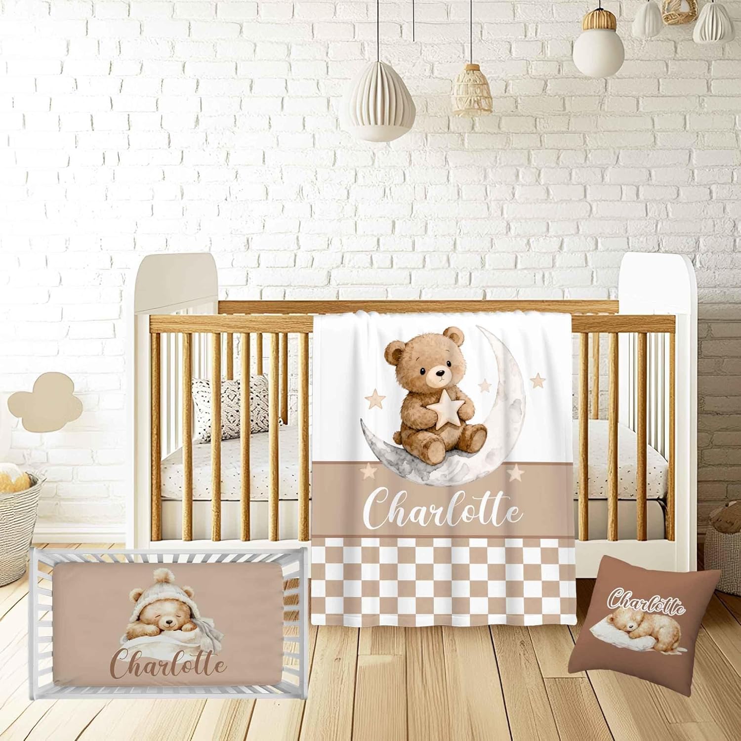 Personalized Bear & Cloud Baby Crib Bedding Set – Custom Name 3 Pcs Nursery Set for Boys & Girls, Soft Blanket, Fitted Sheet & Pillowcase – Infant Toddler Bedding, Shower Gift & Baby Nursery Decor