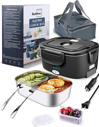 Buddew Lonchera eléctrica para adultos, lonchera térmica de 80 W, calentador de alimentos portátil de acero inoxidable de 1.5 L, 1224110 V, lonchera