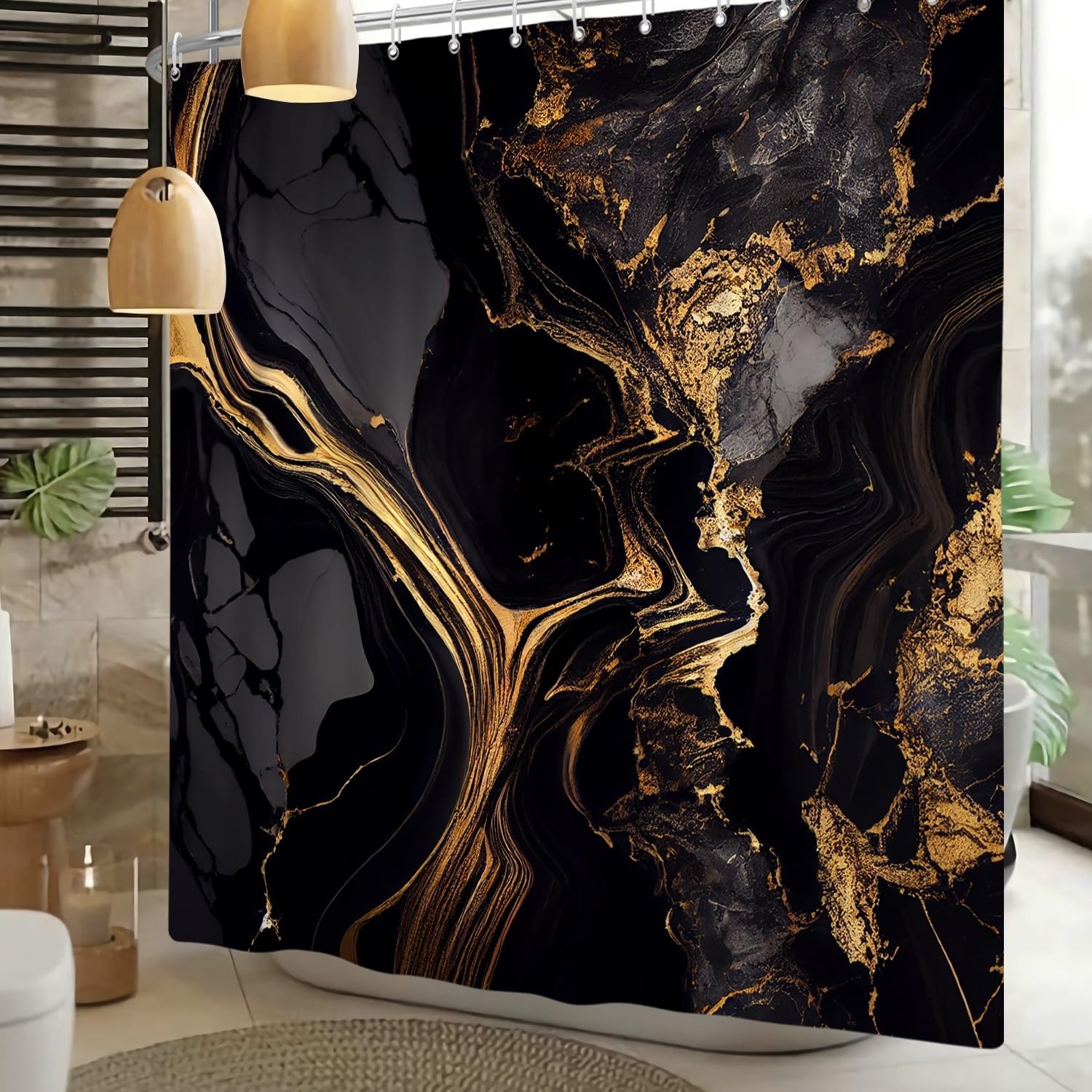 Xiaoterna Marble Shower Curtain Abstract Black Gold Marble Bathroom Curtain Gold Powder Sparkling Modern Luxury Marble Shower Curtain Machine Washable Waterproof Fabric 150x180cm - Image 2
