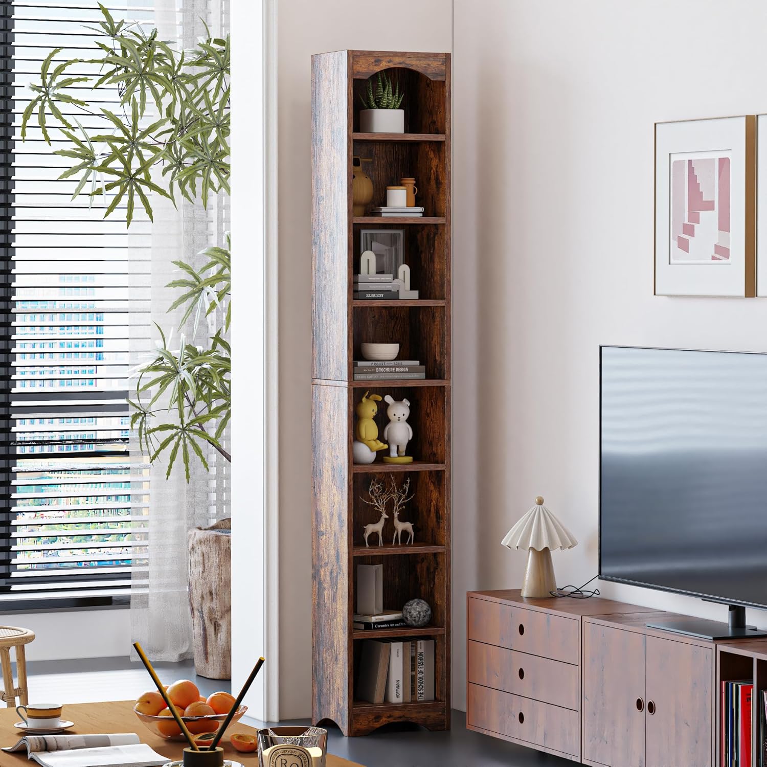 VECELO Space-Saving Tall Narrow Brown Bookshelf - 6 Adjustable Shelves, Elevated Moisture-Proof Base, Slim Storage Organizer for Small Apartments Dorms